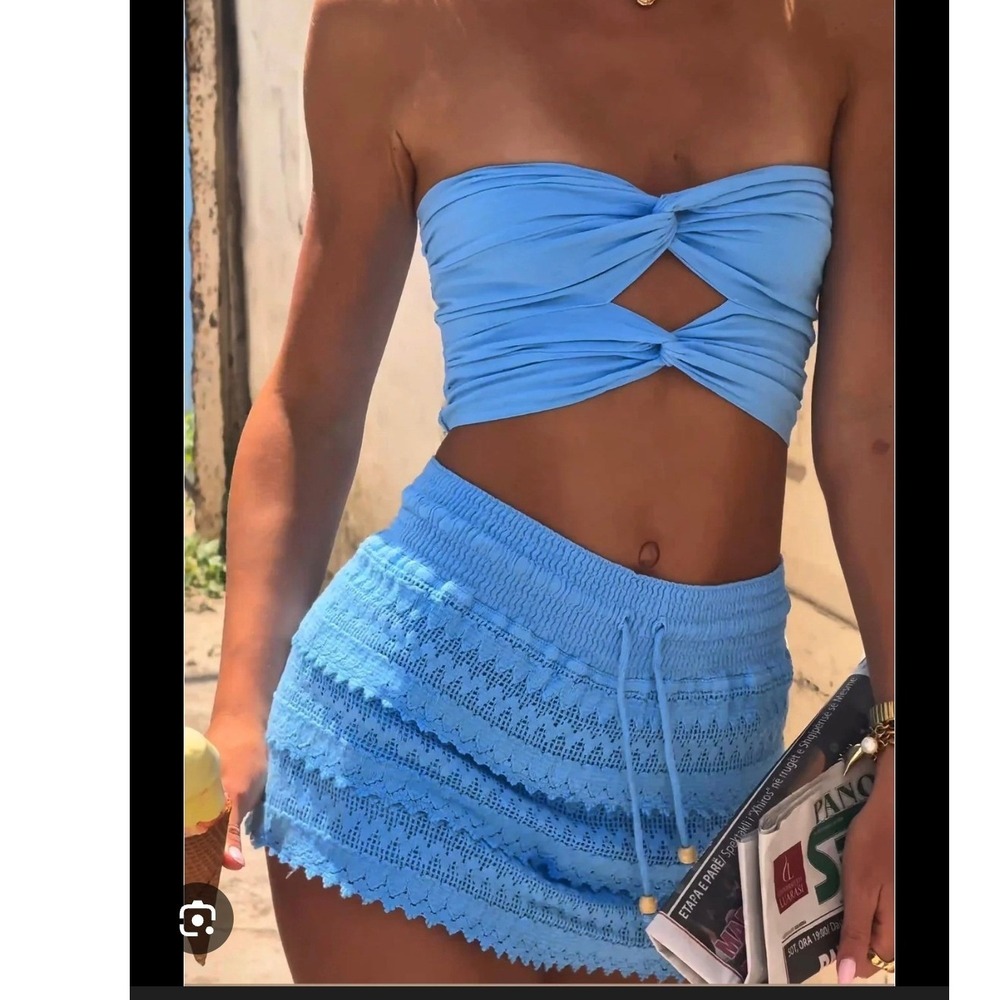 Blanco by Nature Blue 2 Piece Set Tube Top Tiered Eyelet Lace Skort Boho Cotton